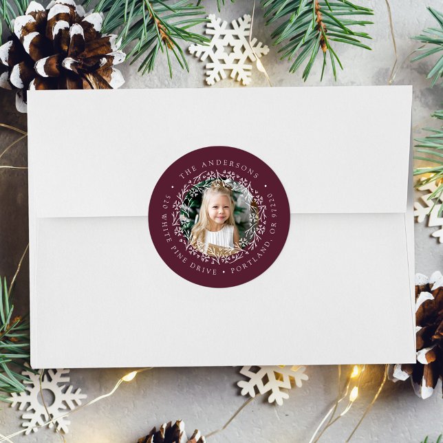 Elegant Snowflake Wreath Berry Return Address Classic Round Sticker (Creator Uploaded)