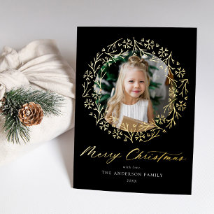 Elegant Snowflake Wreath Black Photo Foil Holiday Card