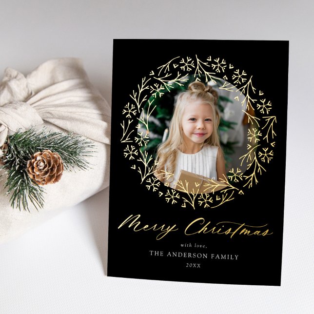 Elegant Snowflake Wreath Black Photo Foil Holiday Card (Creator Uploaded)