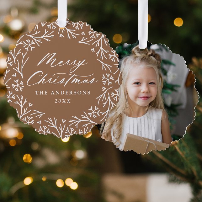 Elegant Snowflake Wreath Brown Photo Christmas Ornament Card (Creator Uploaded)