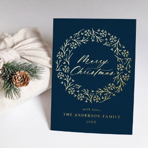 Elegant Snowflake Wreath Navy Non-Photo Gold Foil Holiday Card