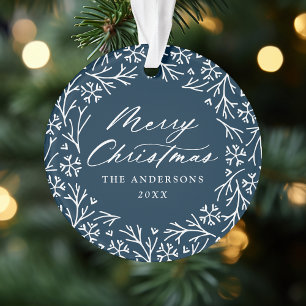 Elegant Snowflake Wreath Navy Photo Christmas Ornament