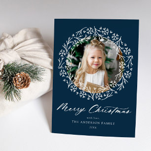 Elegant Snowflake Wreath Navy Photo Holiday Card