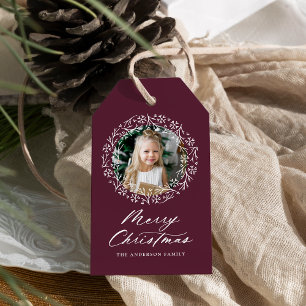 Elegant Snowflake Wreath Purple Christmas Photo Gift Tags