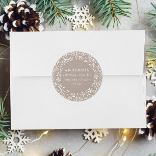 Elegant Snowflake Wreath Taupe Return Address Classic Round Sticker