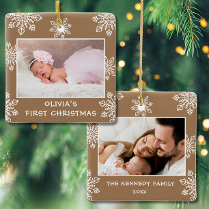 Elegant Snowflakes 2 Photo Baby First Christmas Ceramic Ornament