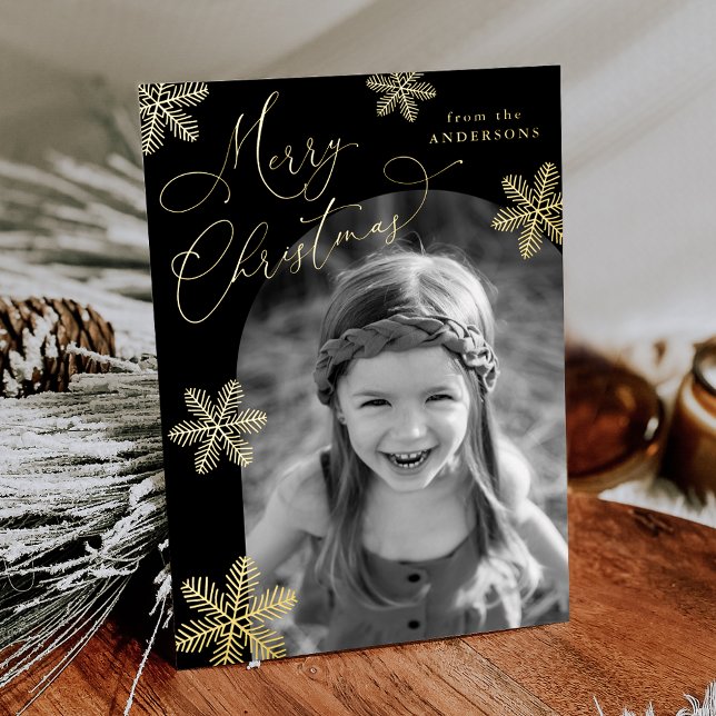 Elegant Snowflakes 2 Photo Black and Gold Foil Holiday Card (Creator Uploaded)