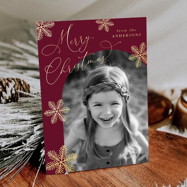 Elegant Snowflakes 2 Photo Burgundy and Gold Foil Holiday Card (Creator Uploaded)