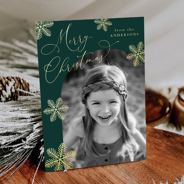 Elegant Snowflakes 2 Photo Green and Gold Foil Holiday Card (Creator Uploaded)