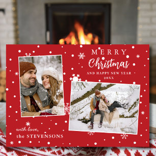 Elegant Snowflakes 2 Photo Red Merry Christmas  Holiday Card
