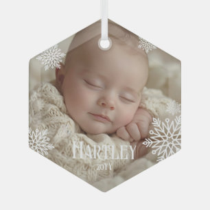 Elegant Snowflakes Baby Photo Name Year Christmas Glass Ornament