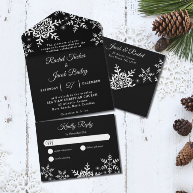 Elegant Snowflakes Black & White Winter Wedding All In One Invitation (Creator Uploaded)