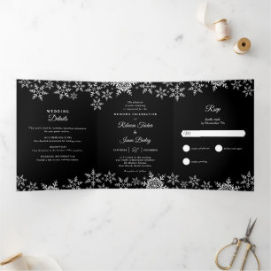 Elegant Snowflakes Black & White Winter Wedding Tri-Fold Invitation