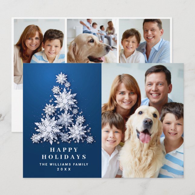 Elegant Snowflakes Christmas Tree 4 Photo Holiday Card (Front/Back)