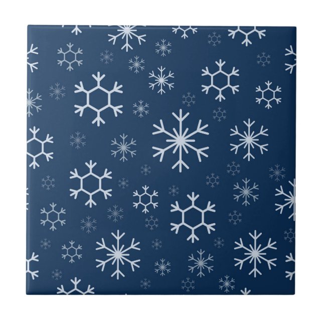 Elegant Snowflakes in Navy Blue Background Tile (Front)