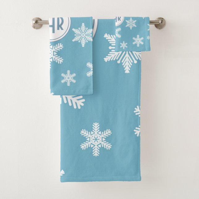 Elegant Snowflakes in Sky Blue Background Bath Towel Set (Insitu)