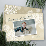 Elegant Snowflakes Love And Light Hanukkah Photo H Holiday Card<br><div class="desc">Elegant White Winter Snowflakes Flower 'Love And Light' In Handwriting Script, Hanukkah Photo Card. The handwriting script and background can be changed to any colour of your choice. Designed / original artwork by fat*fa*tin. Easy to personalize with your own text message, name, year, photo, or image. More editing features are...</div>
