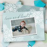 Elegant Snowflakes Love And Light Hanukkah Photo Holiday Card<br><div class="desc">Elegant White Winter Snowflakes Flower 'Love And Light' In Handwriting Script, Hanukkah Photo Card. The handwriting script and background can be changed to any colour of your choice. Designed / original artwork by fat*fa*tin. Easy to personalize with your own text message, name, year, photo, or image. More editing features are...</div>