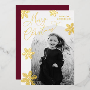 Elegant Snowflakes Merry Christmas 2 Photo Gold Foil Holiday Card