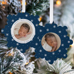 Elegant Snowflakes Navy Baby's First Christmas Ornament Card<br><div class="desc">Celebrate your baby's first Christmas with friends and family with our Elegant Navy and White Snowflake baby's first Christmas ornament card. The front of the card displays your baby's photo encircled by a white frame with a navy and white snowflake patterned background. Personalize the front of the snowflake ornament card...</div>