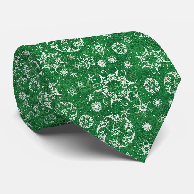 Elegant Snowflakes on Green Holiday Tie (Rolled)