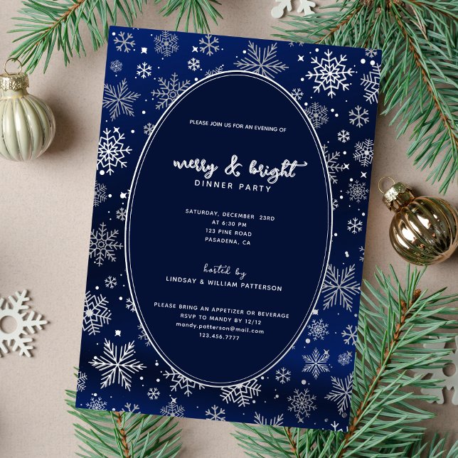 Elegant Snowflakes on Night Blue Silver (Embrace the beauty of winter with snows in the starry night invitation.)