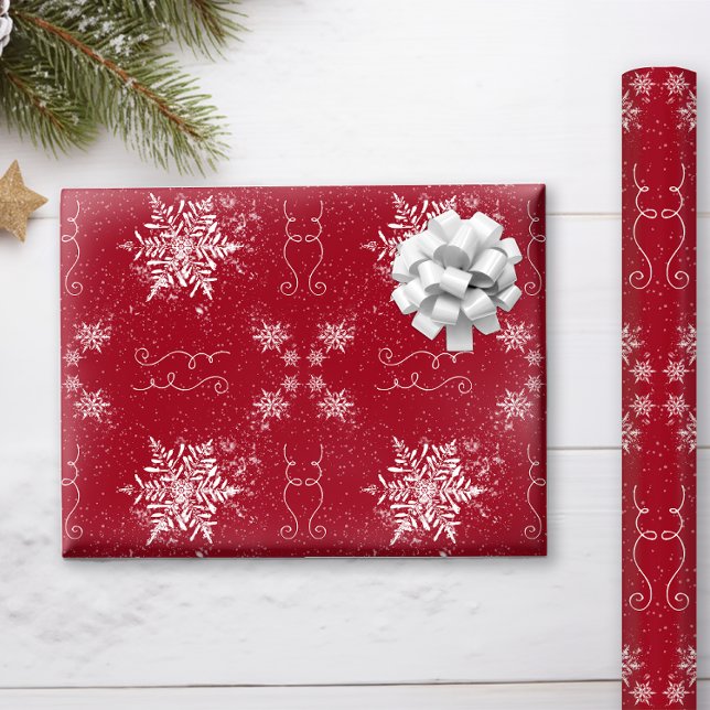 Elegant Snowflakes on Ruby Red Wrapping Paper (This Elegant Ruby Red and Snowflakes Christmas Wrapping Paper will be beautiful under your tree!)