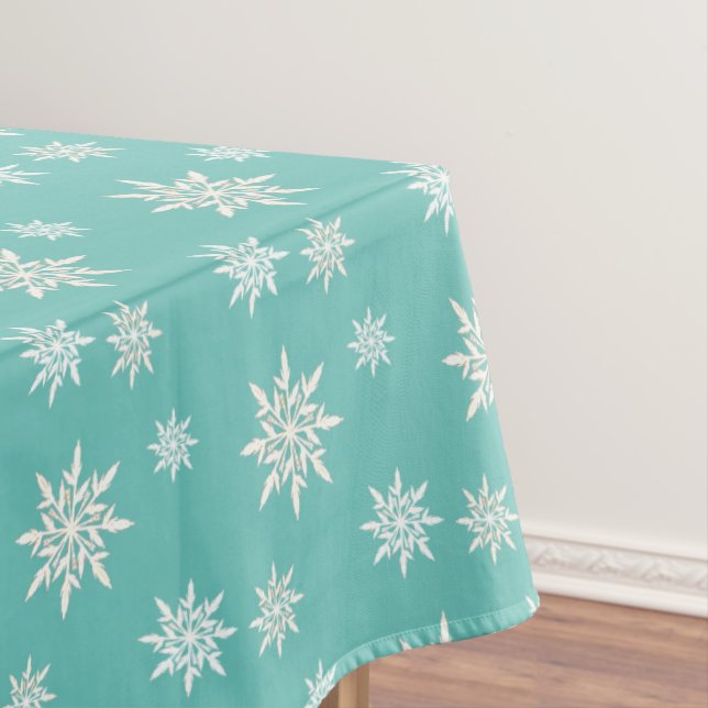 Elegant snowflakes on teal tablecloth (In Situ)