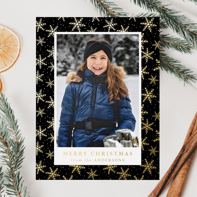 Elegant Snowflakes Photo Black and Gold Foil Holiday Postcard (Creator Uploaded)