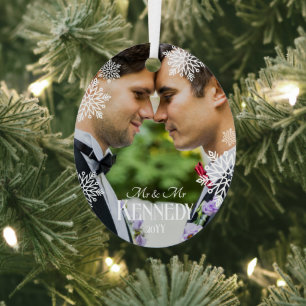 Elegant Snowflakes Photo Mr & Mr 1st Christmas Metal Ornament