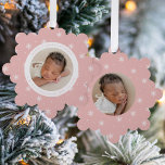 Elegant Snowflakes Pink Baby's First Christmas Ornament Card<br><div class="desc">Celebrate your baby's first Christmas with friends and family with our Elegant Pink and White Snowflake baby's first Christmas ornament card. The front of the card displays your baby's photo encircled by a white frame with a light pink and white snowflake patterned background. Personalize the front of the snowflake ornament...</div>