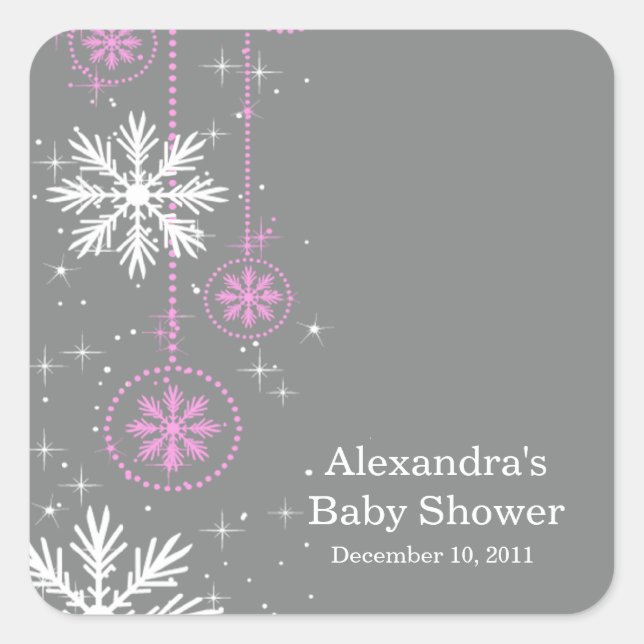 Elegant Snowflakes Pink & Grey Baby Shower Square Square Sticker (Front)