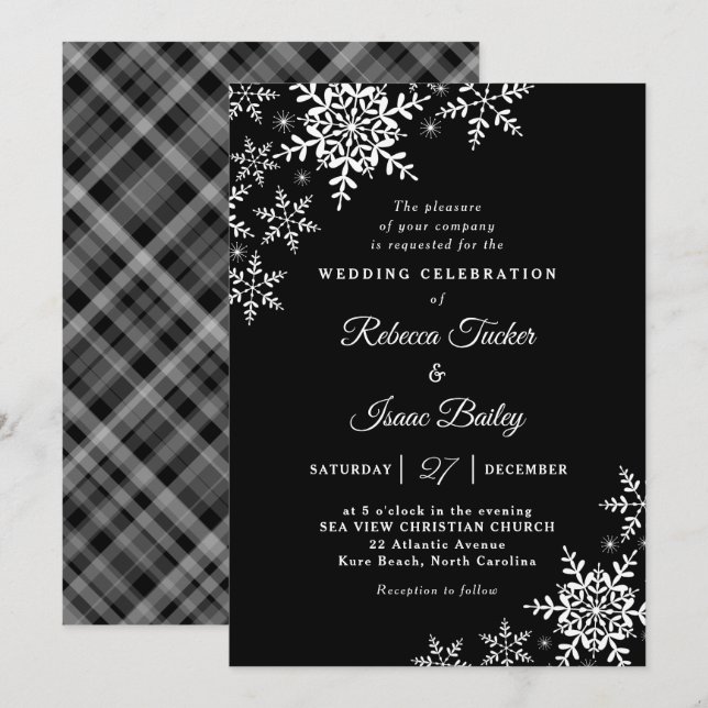 Elegant Snowflakes Plaid Black & White Wedding Invitation (Front/Back)