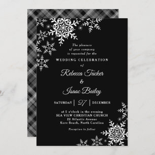Elegant Snowflakes Plaid Black & White Wedding Invitation