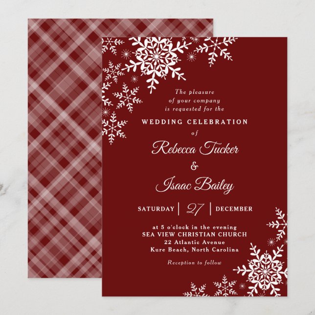 Elegant Snowflakes Plaid Red Wedding Invitation (Front/Back)