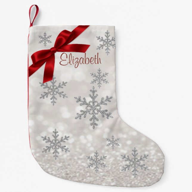 Elegant Snowflakes,Red Bow,Glittery -Personalized Small Christmas Stocking (Front)