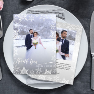 Elegant Snowflakes & Script 2-Photo Winter Wedding Thank You Card