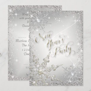 Elegant Snowflakes Silver Sparkle New Year's Party Invitation