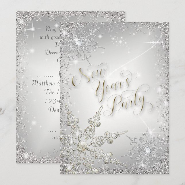 Elegant Snowflakes Silver Sparkle New Year's Party Invitation (Front/Back)