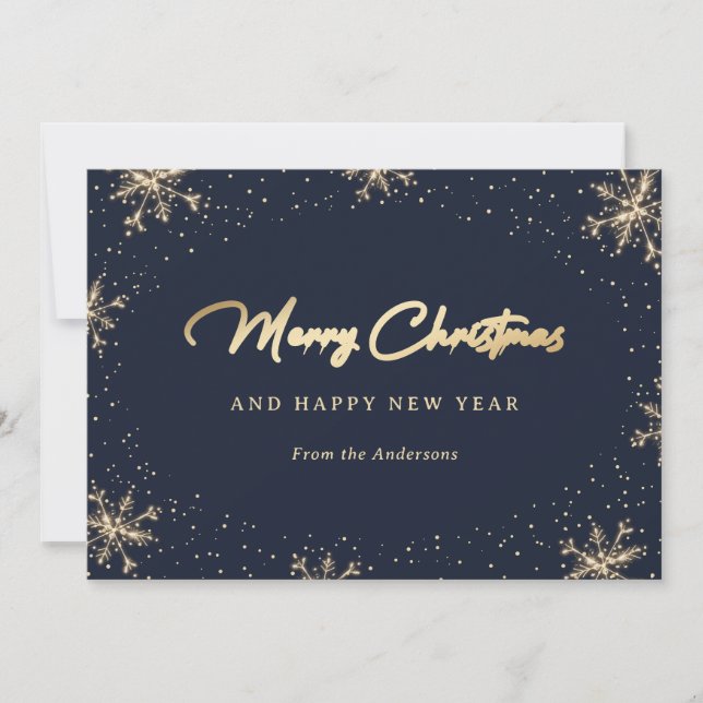 Elegant Snowy Blue and Gold Snowflake Holiday Card (Front)