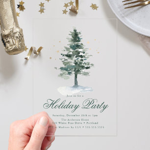 Elegant Snowy Pine Tree Gold Stars Holiday Party Acrylic Invitations