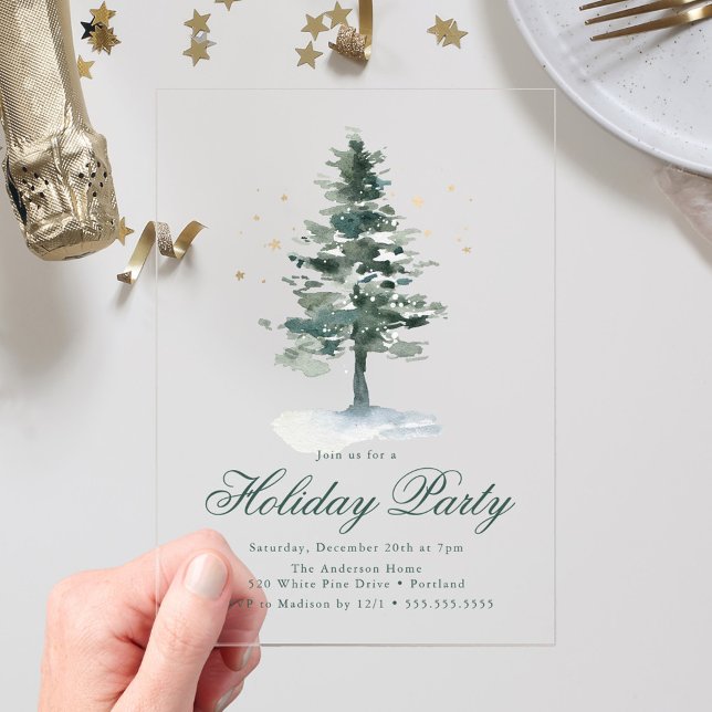 Elegant Snowy Pine Tree Gold Stars Holiday Party Acrylic Invitations (Creator Uploaded)