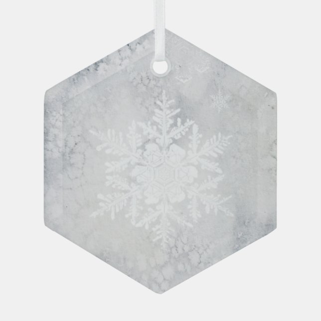Elegant Snowy Snowflake Christmas  Glass Ornament (Front)