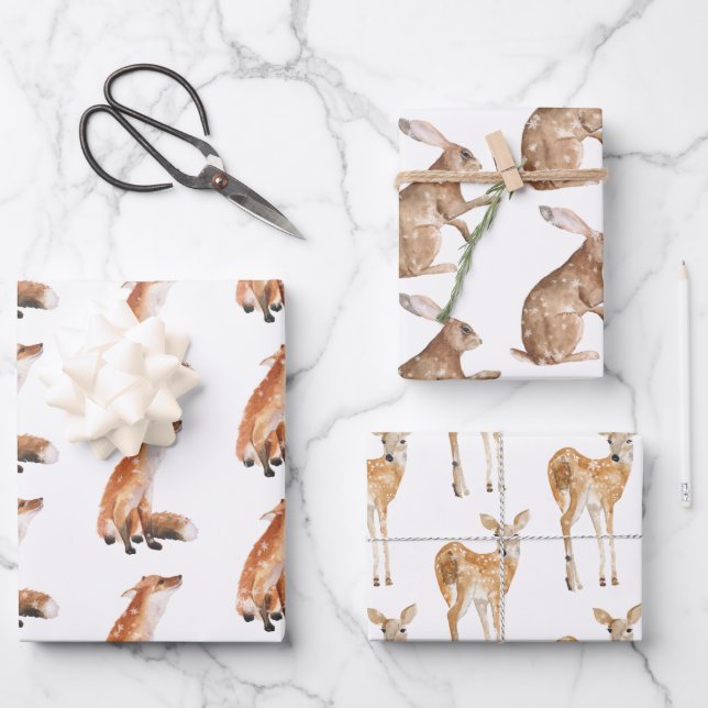 Elegant Snowy Winter Animals Red Fox Hare Doe Deer Wrapping Paper Sheet (Front)