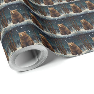 Elegant snowy winter bear winter landscape wrapping paper