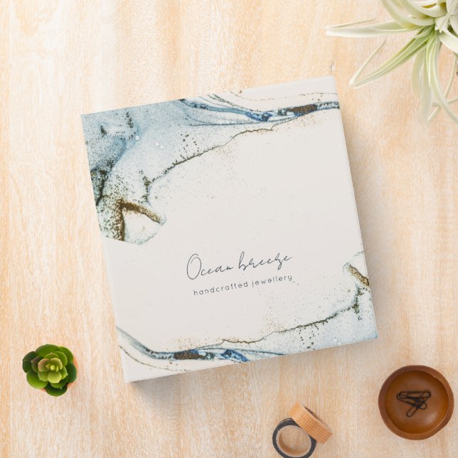 Elegant Soft Abstract Watercolor Blue Gold Beachy Binder (In Situ)
