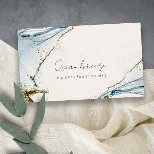 Elegant Soft Abstract Watercolor Blue Gold Beachy Business Card