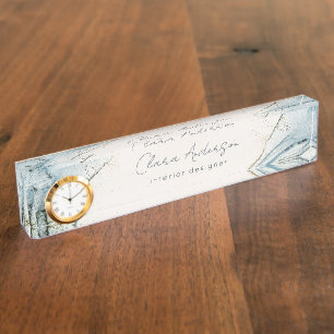 Elegant Soft Abstract Watercolor Blue Gold Beachy Nameplate