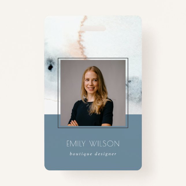 Elegant Soft Aqua Blue Gold Watercolor Beach Photo Badge (Front)