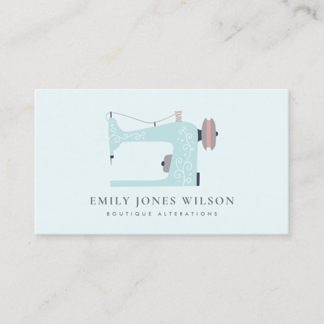 ELEGANT SOFT AQUA BLUE PINK SEWING MACHINE TAILOR BUSINESS CARD (Front)